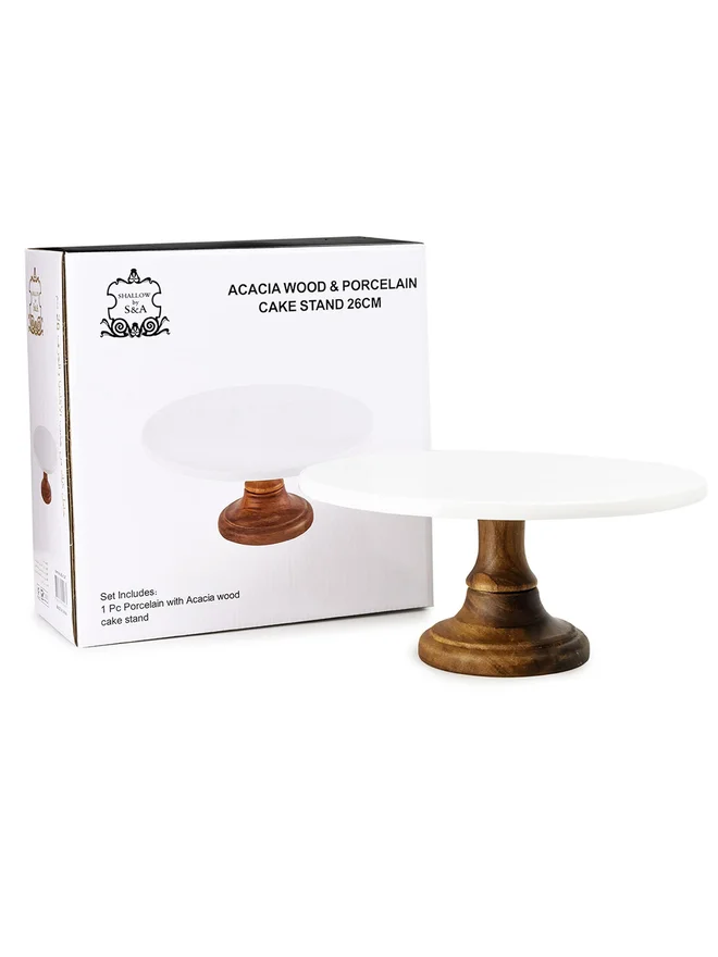 Shallow Shallow Acacia Wood Porcelain Cake Stand 26cm