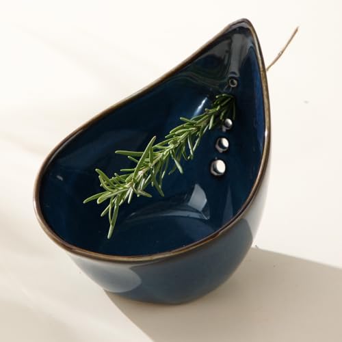 Dneuoir Herb Stripper Bowl, Ceramic Herb Peeling Bowl, Kitchen Herbs Leaf Stripping Tool, Pottery Herb Peeler for Kale, Thyme, Basil, Rosemary Stripper (Blue) - Image 1