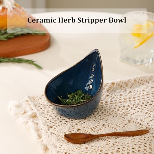 Dneuoir Herb Stripper Bowl, Ceramic Herb Peeling Bowl, Kitchen Herbs Leaf Stripping Tool, Pottery Herb Peeler for Kale, Thyme, Basil, Rosemary Stripper (Blue) - Image 2