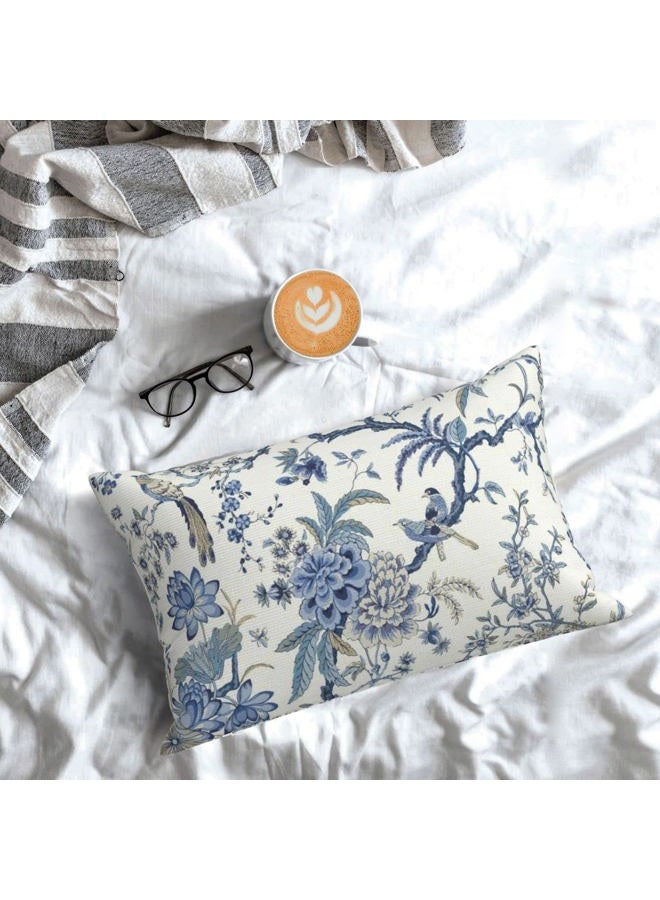 GIOPAMGO Chinoiserie Spring Pillow Covers 12x20 Set of 2 Floral Birds Farmhouse Decor Vintage White Blue Outdoor Linen Cushion Cover - Image 3