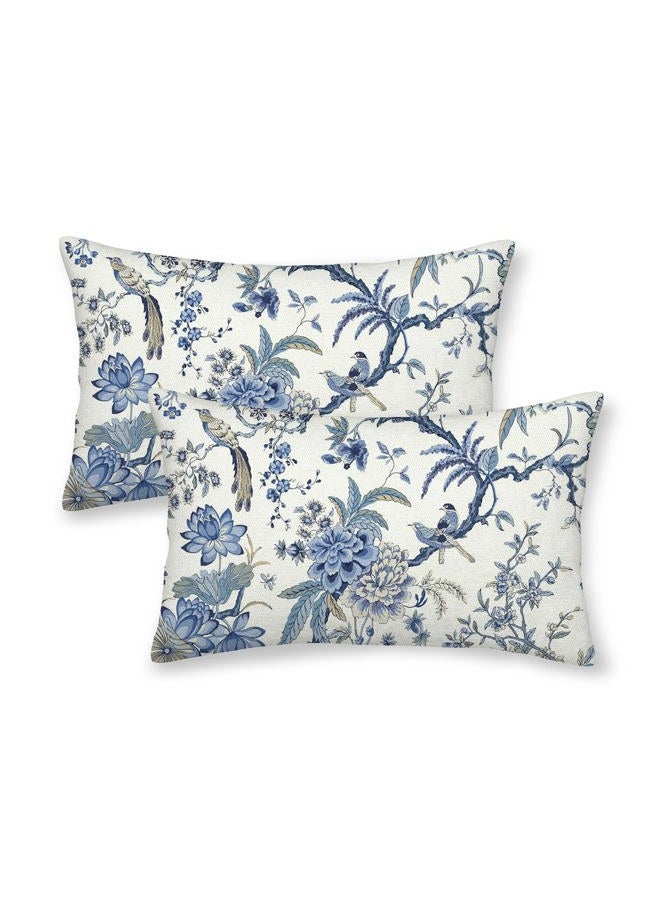 GIOPAMGO Chinoiserie Spring Pillow Covers 12x20 Set of 2 Floral Birds Farmhouse Decor Vintage White Blue Outdoor Linen Cushion Cover - Image 1