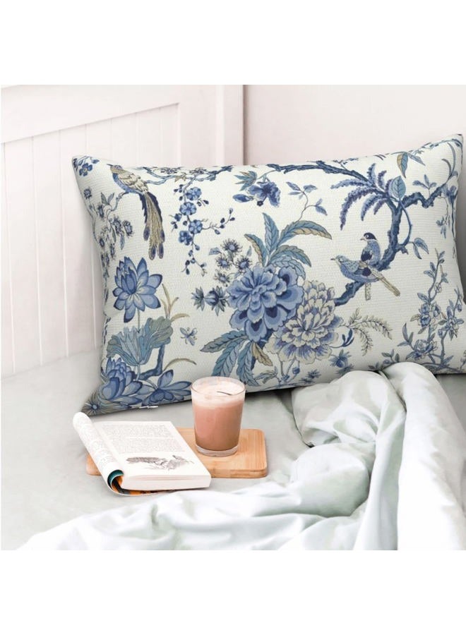 GIOPAMGO Chinoiserie Spring Pillow Covers 12x20 Set of 2 Floral Birds Farmhouse Decor Vintage White Blue Outdoor Linen Cushion Cover - Image 2