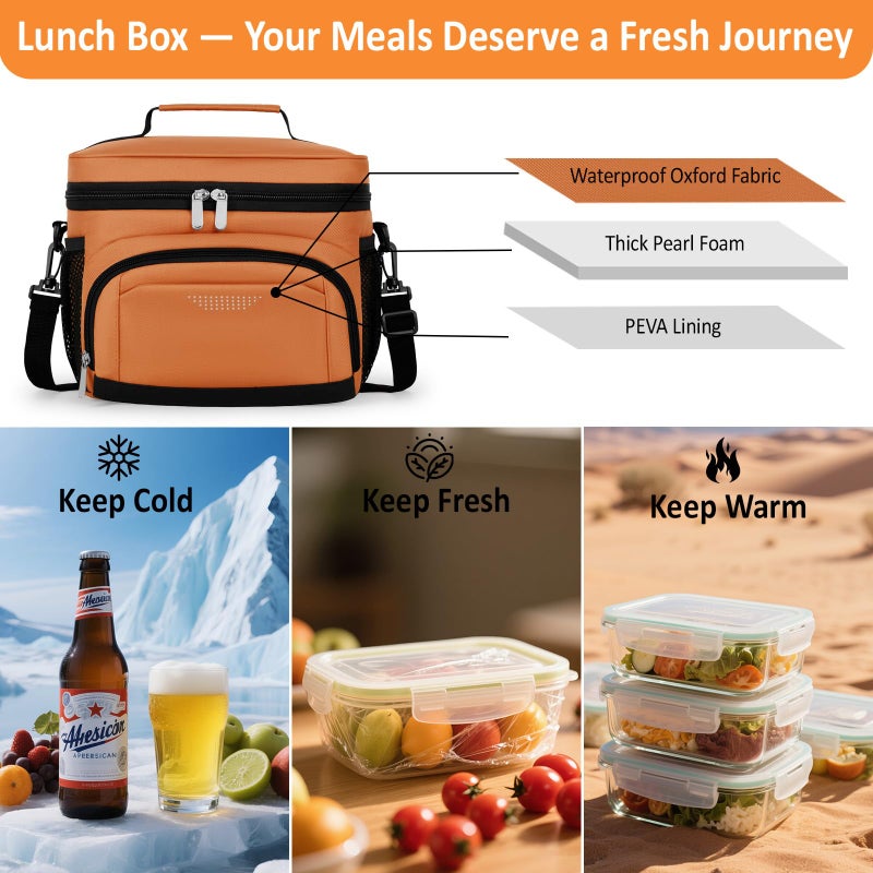 Vankor Insulated Lunch Bag for Men Women, Reusable Lunch Box Leakproof Cooler Lunch Tote Bag with Adjustable Shoulder Strap for Work Office Picnic Beach Travel, Orange - Image 2