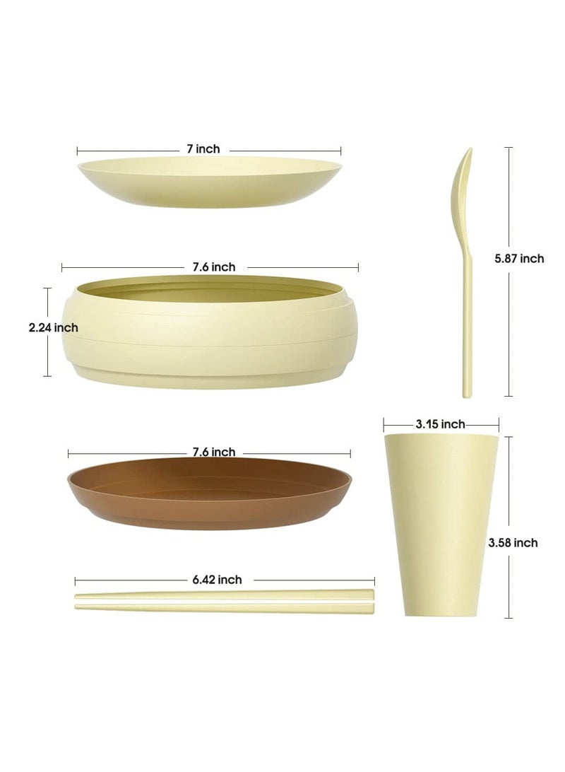 SYOSI Camping Picnic Dishes Set Dishwasher Microwave Safe Dishes Set(17PCS) Portable Plastic Reusable Cutlery Set for Camping RV Picnic Kitchen Great for Kids & Adults(Beige) - Image 3