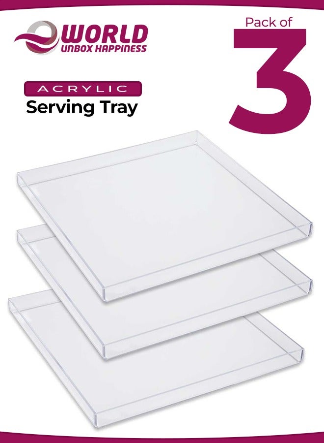 إي وورلد مجموعة من 3 صواني خدمة مربعة من الأكريليك الشفاف مع زوايا مفتوحة وغير مختومة - منظمات مثالية لتخزين الأدراج أو على الأسطح في المكاتب والمطاعم والمطابخ والفعاليات المقدمة. - Image 1
