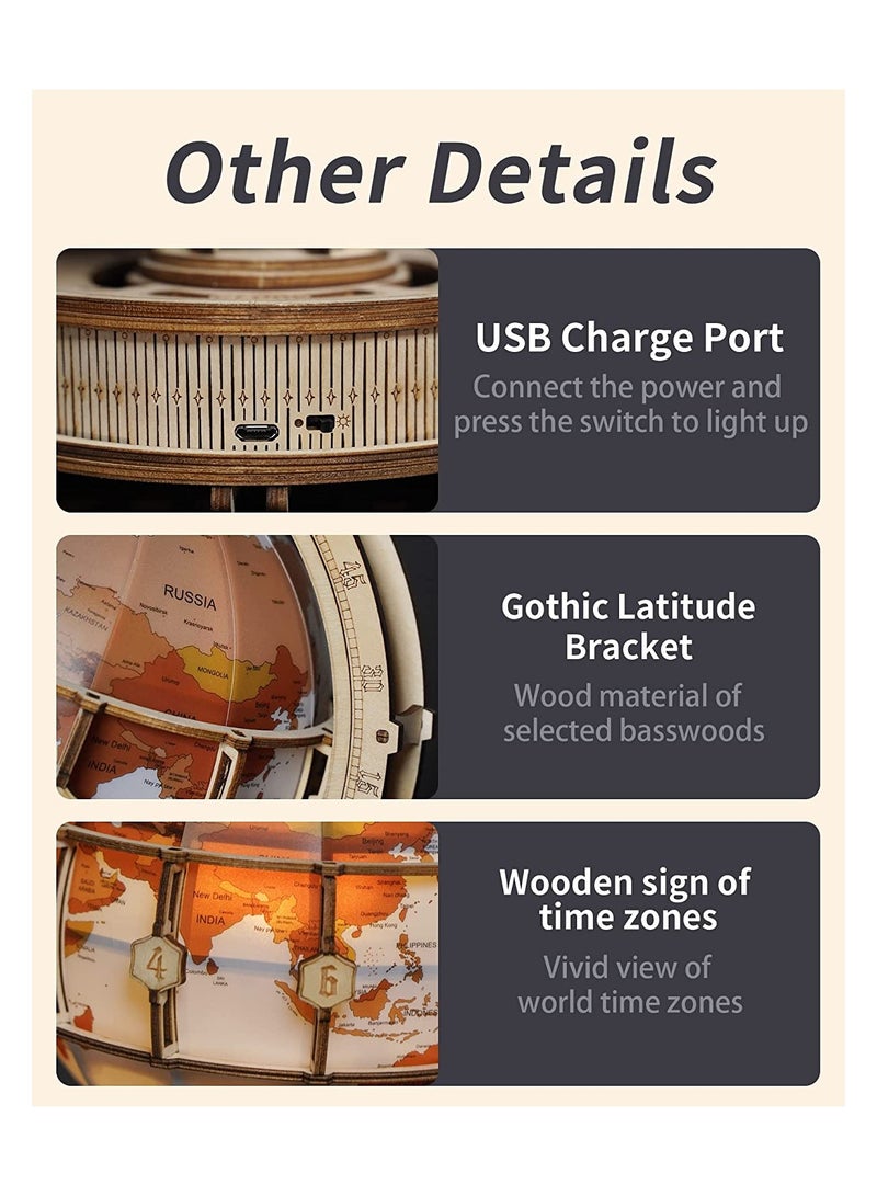 3D Wooden Globe Puzzle for Adults-LED Illuminated Wood Block Puzzle-Model Building Kit-Gift for Birthday/Father's Day - Image 5