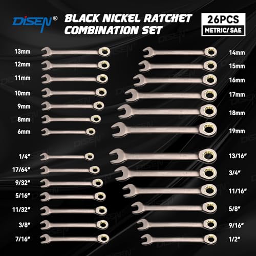 DISEN 26 Piece Ratcheting Wrenches Set 90 Teeth, Combination Wrenches Set Metric 6MM-19MM and SAE 1/4 Inch-13/16 Inch, Cr-V Steel, Ratchet Set Nickel Plating with Organizer Visit the Store - Image 5