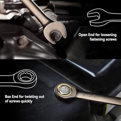 DISEN 26 Piece Ratcheting Wrenches Set 90 Teeth, Combination Wrenches Set Metric 6MM-19MM and SAE 1/4 Inch-13/16 Inch, Cr-V Steel, Ratchet Set Nickel Plating with Organizer Visit the Store - Image 4