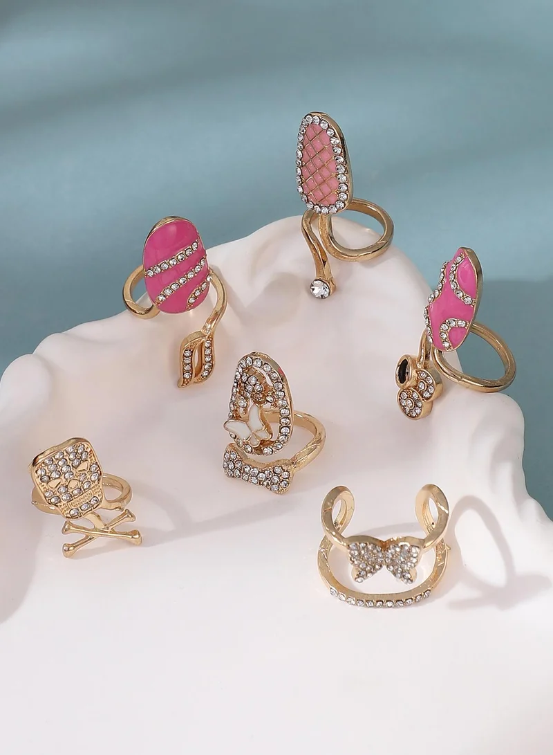 SOHI Women The Belle Nail Ring Set | California  Colour | Set Of 6 | One-Size | Artificial Stone Alloy Material | Adjustable Closure | Ring For Casual & Evening Wear