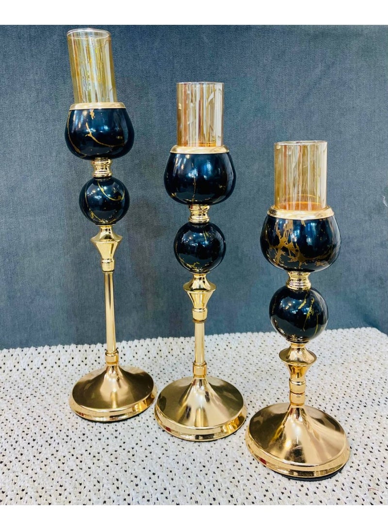 حامل الشموع الثلاثي من الرخام الأسود - تصميم أنيق لديكور المنزل - يحمل 3 شموع - بلاك هورس