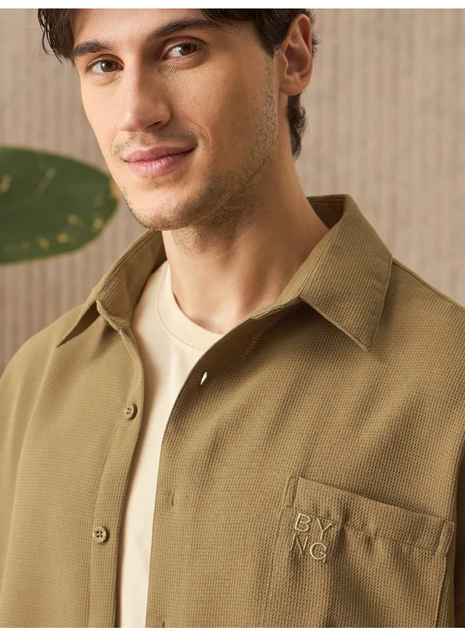 Beyoung Sand Brown Half Sleeve Waffle Shirt for Men