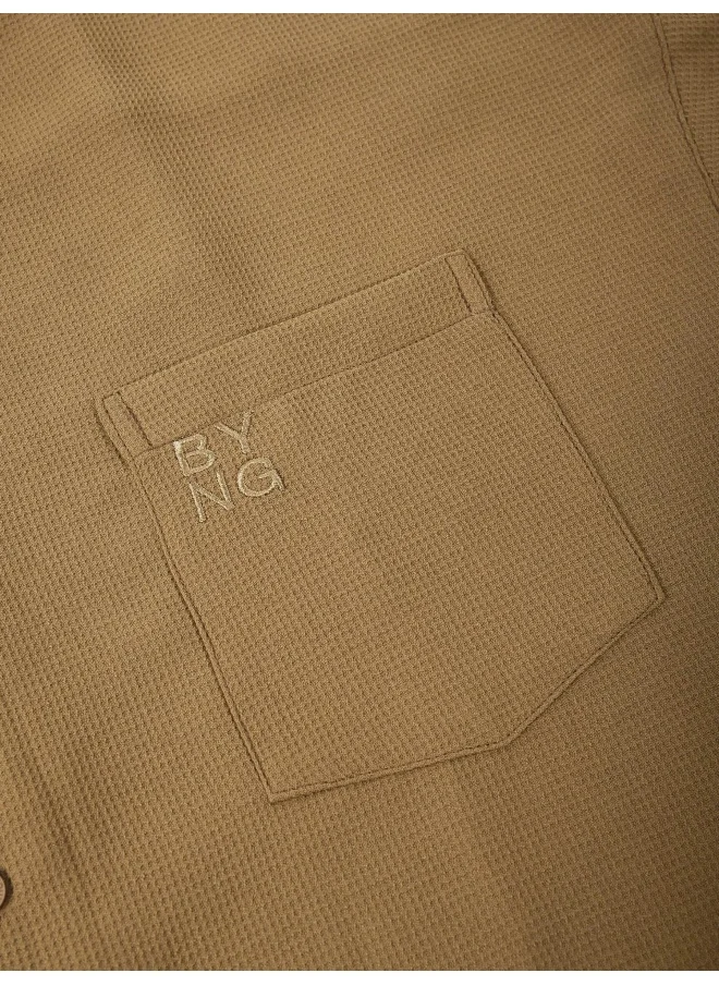 Beyoung Sand Brown Half Sleeve Waffle Shirt for Men