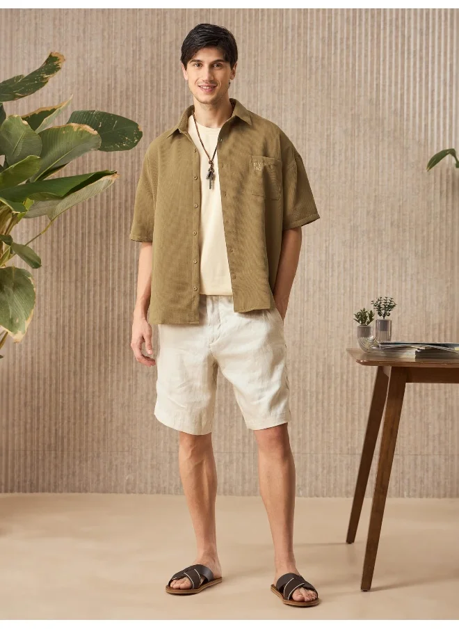 Beyoung Sand Brown Half Sleeve Waffle Shirt for Men