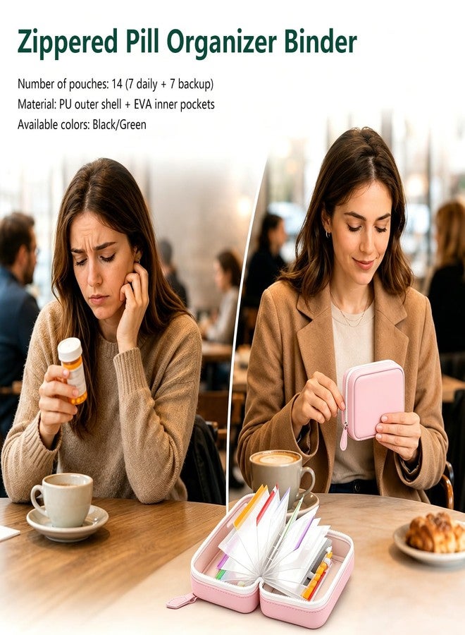 مجموعة أكياس حبوب مقاومة للماء A7، 14 كيسًا داخليًا، منظم أدوية سفر قابل لإعادة الاستخدام، منظم حبوب كبير للاستخدام مرتين يوميًا لمدة سبعة أيام، تخزين حبوب بسحاب لزيوت السمك والفيتامينات، أخضر - Image 2
