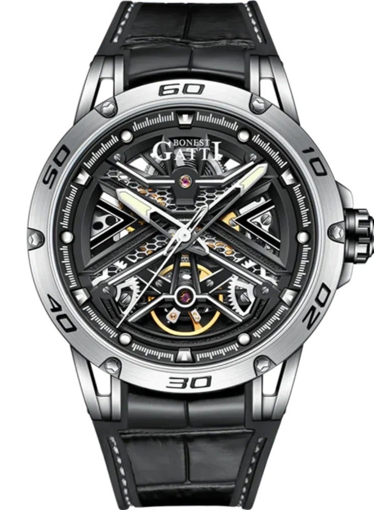 bonest gatti BG4601-B1, Automatic Men Watches, Black Leather Strap
