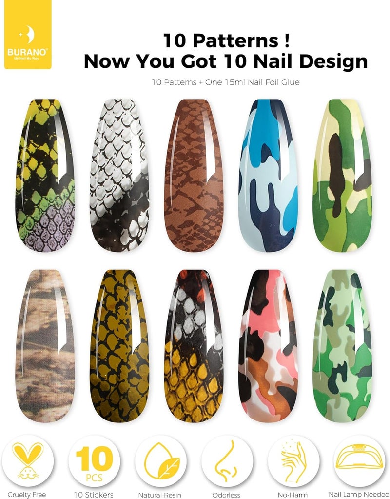 BURANO Nail Art Nail Foil Glue Gel, 15 ML 1 Bottle Foil Transfer Gel with 10PCS Stickers, UV LED Lamp Required Nail Design Foils Glue for Nails 25 - Image 2