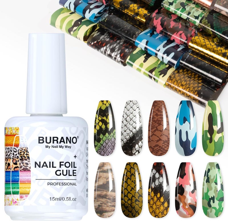 BURANO Nail Art Nail Foil Glue Gel, 15 ML 1 Bottle Foil Transfer Gel with 10PCS Stickers, UV LED Lamp Required Nail Design Foils Glue for Nails 25 - Image 1