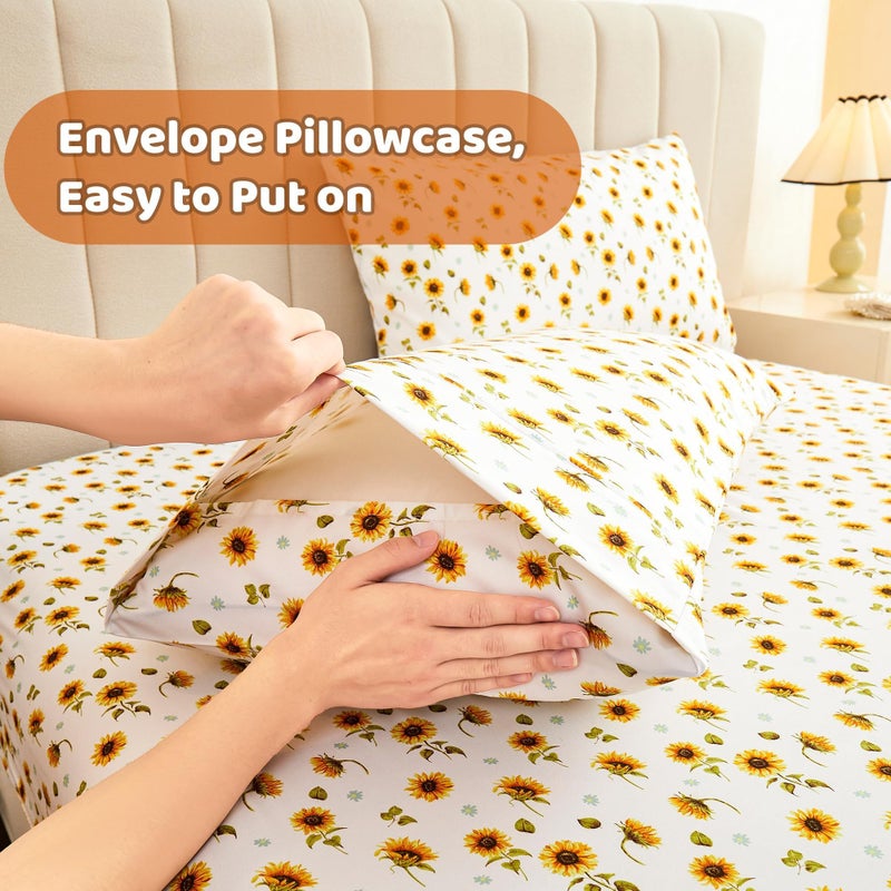 Softan Yellow Floral Sheet Set King, Sunflower Printed Bed Sheets King, Brushed Microfiber Fitted Sheet with 15" Deep Pocket & Non-Slip Straps, Yellow Flower Patterned Sheet & Pillowcase Sets - Image 5