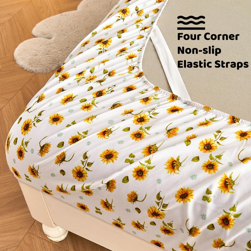Softan Yellow Floral Sheet Set King, Sunflower Printed Bed Sheets King, Brushed Microfiber Fitted Sheet with 15" Deep Pocket & Non-Slip Straps, Yellow Flower Patterned Sheet & Pillowcase Sets - Image 2
