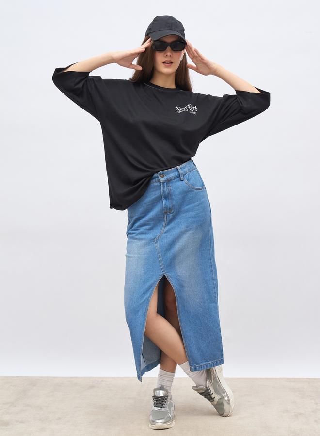 Styli Back Graphic Oversized Longline 100% Cotton T-Shirt - Image 2