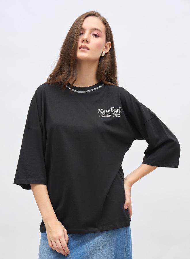 Styli Back Graphic Oversized Longline 100% Cotton T-Shirt - Image 1