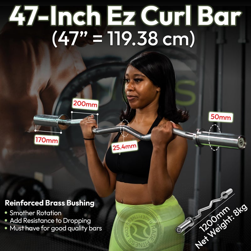 Rage Fitness عصا راج فيتنس EZ كيرل - 47 بوصة، 2 بوصة | 17 رطل من الفولاذ السبيكي مع تشطيب كروم وبوشات نايلون عصا EZ بسعة قصوى 400 رطل - قضبان كيرل لصالة الألعاب الرياضية المنزلية لرفع الأثقال وحركات الجسم العلوية والسفلية الأخرى - Image 2