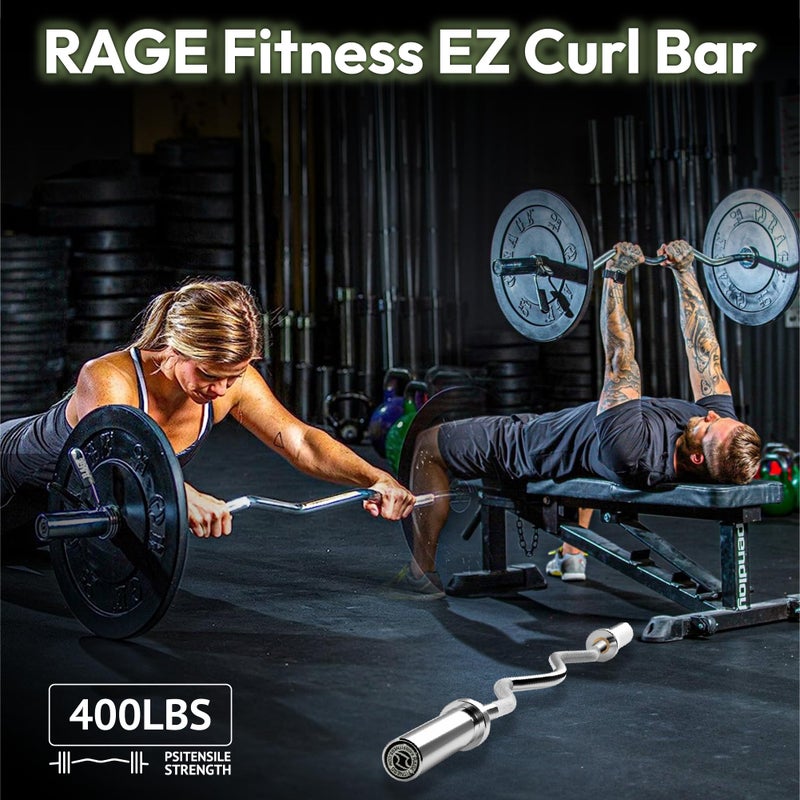 Rage Fitness عصا راج فيتنس EZ كيرل - 47 بوصة، 2 بوصة | 17 رطل من الفولاذ السبيكي مع تشطيب كروم وبوشات نايلون عصا EZ بسعة قصوى 400 رطل - قضبان كيرل لصالة الألعاب الرياضية المنزلية لرفع الأثقال وحركات الجسم العلوية والسفلية الأخرى - Image 5