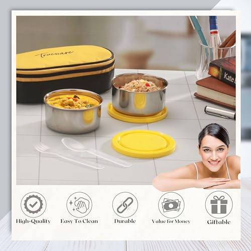 Trueware Super Pack Lunch Box, 2 Round Inner Steel Round Containers 300ml Each with Insulated Bag, Office Tiffin for Leak-Proof, Easy to Carry - Image 2