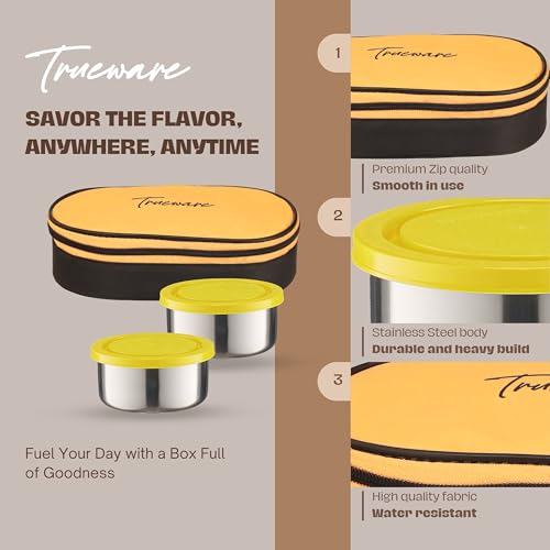 Trueware Super Pack Lunch Box, 2 Round Inner Steel Round Containers 300ml Each with Insulated Bag, Office Tiffin for Leak-Proof, Easy to Carry - Image 4