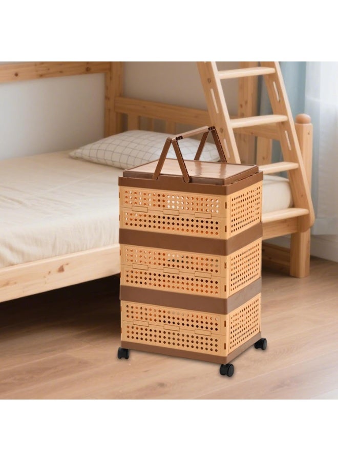 بلومنغ تايم سلة تخزين قابلة للطي بثلاثة أرفف مزودة بعجلات - منظم بلاستيكي جيد التهوية بمقبض - Image 3