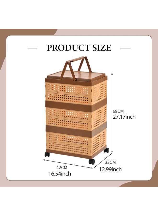بلومنغ تايم سلة تخزين قابلة للطي بثلاثة أرفف مزودة بعجلات - منظم بلاستيكي جيد التهوية بمقبض - Image 2