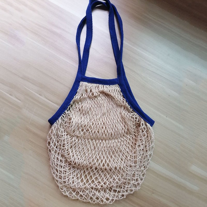 Cotton Mesh Bag for Grocery Beach Toys Navy blue with rice net 