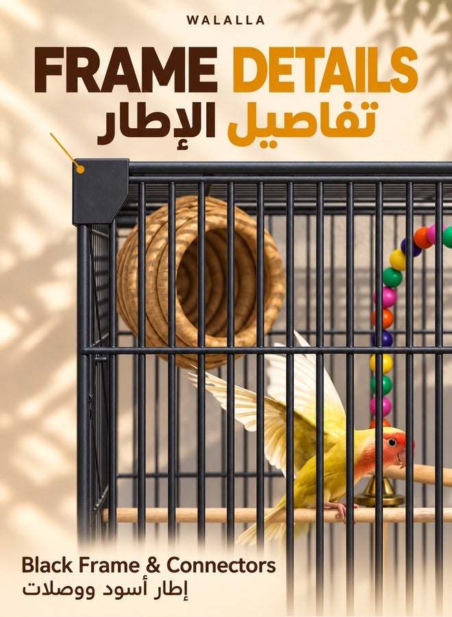 والالا قفص طيور كبير متعدد المستويات للببغاوات الصغيرة، والكوكاتيل، والكونيور، وطيور الحب، بارتفاع 90 سم، قفص طيور قائم مع عش، وحاضنة، ومنزل طيور، وأرجوحة، وسلم، أسود - Image 5