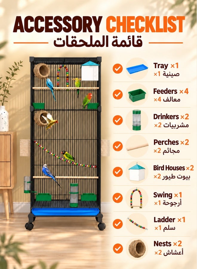 والالا قفص طيور كبير متعدد المستويات للببغاوات الصغيرة، والكوكاتيل، والكونيور، وطيور الحب، بارتفاع 90 سم، قفص طيور قائم مع عش، وحاضنة، ومنزل طيور، وأرجوحة، وسلم، أسود - Image 2