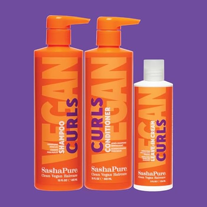 SashaPure Clean Vegan Haircare Curls Shampoo, Conditioner and Leave-In Cream Bundle, Organic Sacha Inchi Oil and Coconut Oil, 3 Piece Set - Image 1