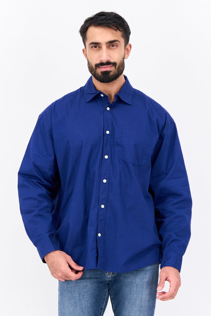 GAP Men Stretch Fit Plain Long Sleeves Poplin Casual Shirt, Dark Royal Blue - Image 1