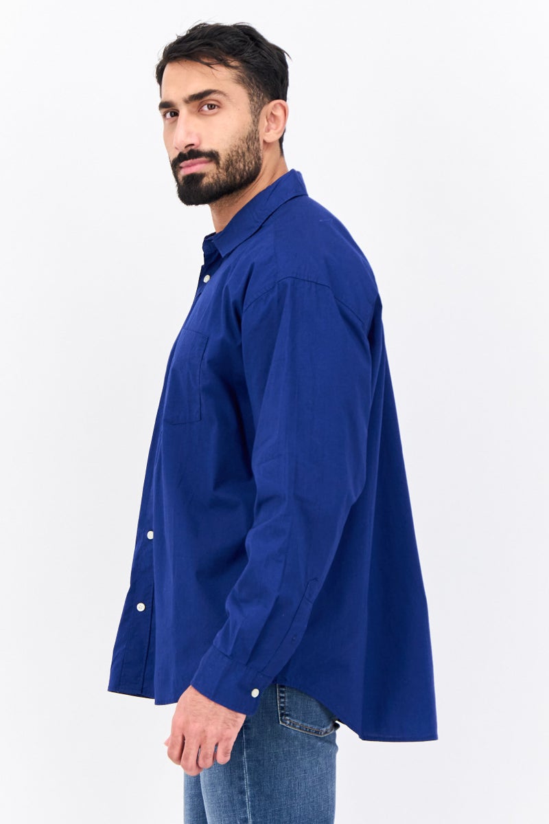 GAP Men Stretch Fit Plain Long Sleeves Poplin Casual Shirt, Dark Royal Blue - Image 2