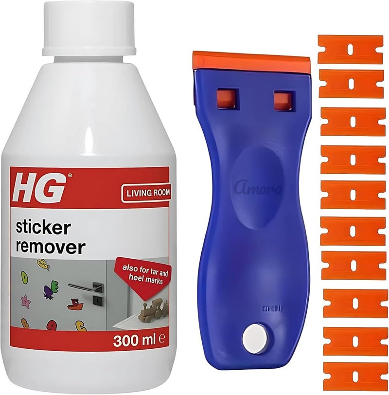 Amara Sticky Stuff Remover with Amara Plastic Scraper & 10 Blades - HG Sticker Remover 300ml & Plastic Scraper - Sticker Remover, Sticky Label Remover, Adhesive Remover, Glue Remover and Car Sticker Remover - Image 1