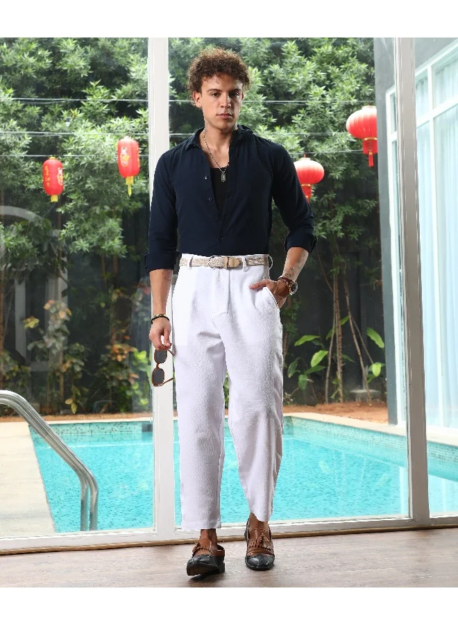 Campus Sutra Men's Daisy White Tailored Linen-Blend Trousers For Casual Wear | Mid-Rise | 4 Pockets | Button Closure | Trousers Crafted With Comfort Fit For Everyday Wear