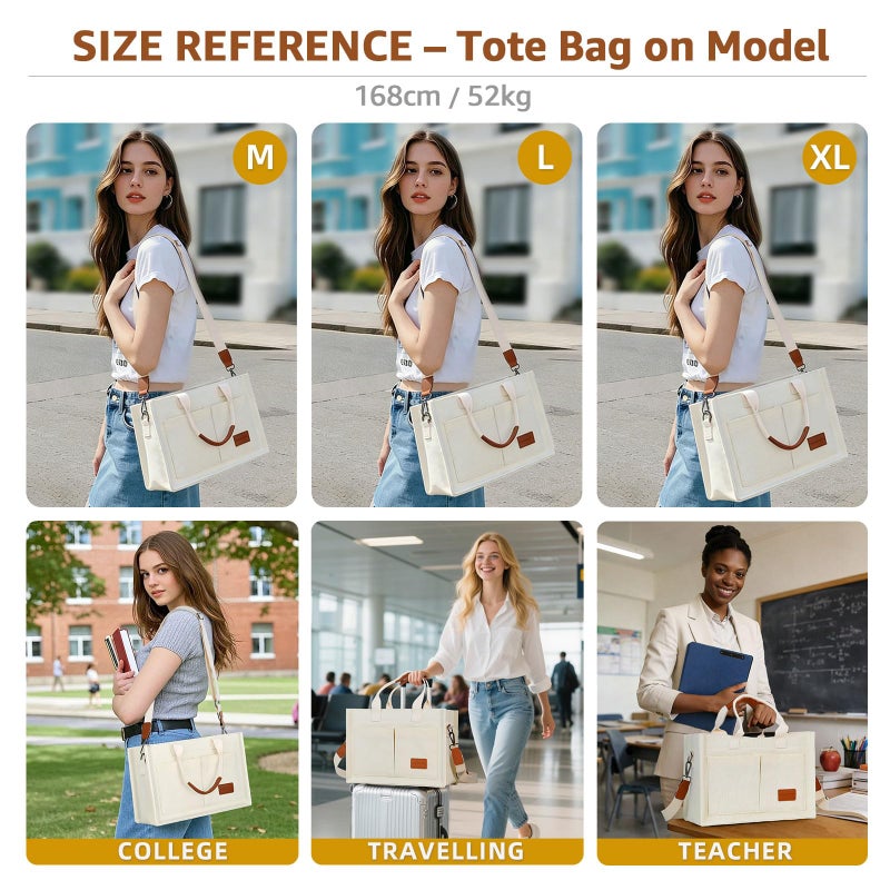 BECOJADDE Canvas Tote Bag Purse for Women with Zipper Closure, Individual Compartments, Detachable Strap & Bottom Support, Ideal for Work, School, Travel, Daily, College, Bible Beige Large - Image 5