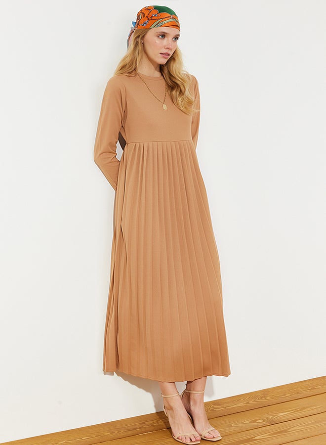 trendyol Camel Skirt Pleated Scuba Knitted Dress TCTAW24EL00000 - Image 1