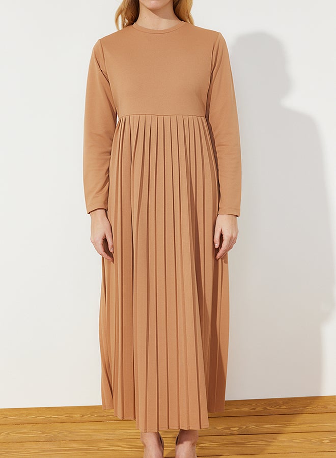 trendyol Camel Skirt Pleated Scuba Knitted Dress TCTAW24EL00000 - Image 4