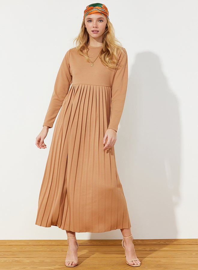 trendyol Camel Skirt Pleated Scuba Knitted Dress TCTAW24EL00000 - Image 2