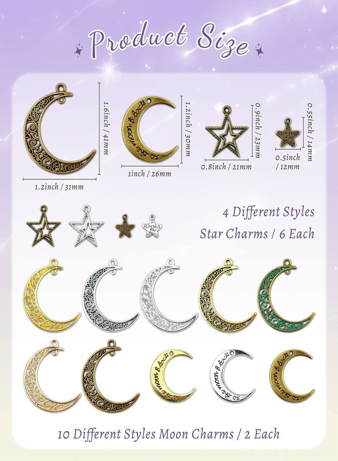JIALEEY 44PCS Large Hollowed Moon Star Charms Mixed Celestial Charm Pendant for DIY Jewelry Making Accessaries, Antique Silver Bronze and Gold - Image 2