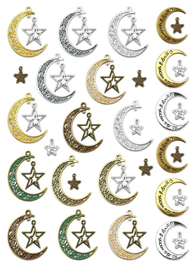 JIALEEY 44PCS Large Hollowed Moon Star Charms Mixed Celestial Charm Pendant for DIY Jewelry Making Accessaries, Antique Silver Bronze and Gold - Image 1