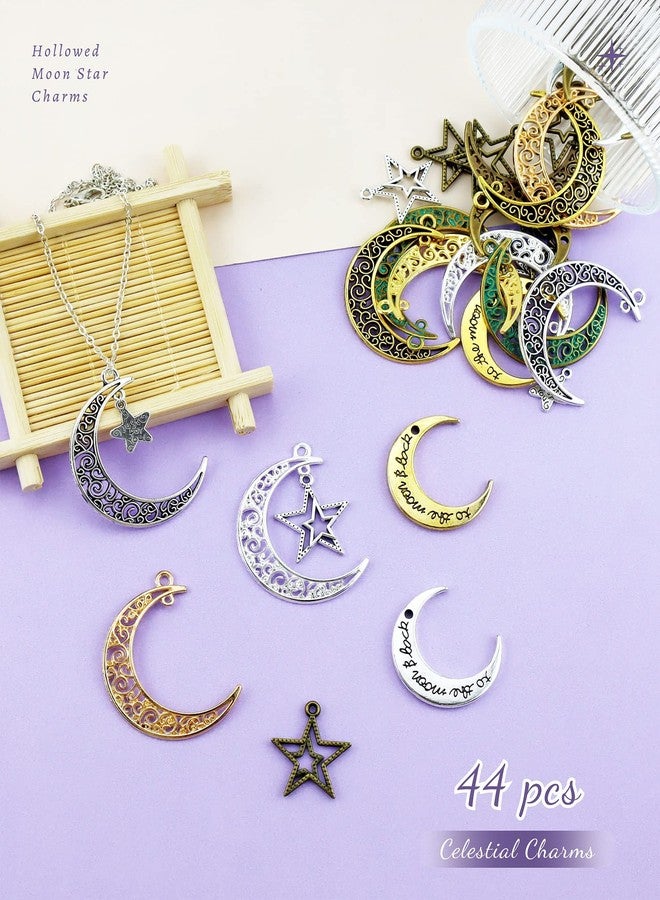 JIALEEY 44PCS Large Hollowed Moon Star Charms Mixed Celestial Charm Pendant for DIY Jewelry Making Accessaries, Antique Silver Bronze and Gold - Image 3