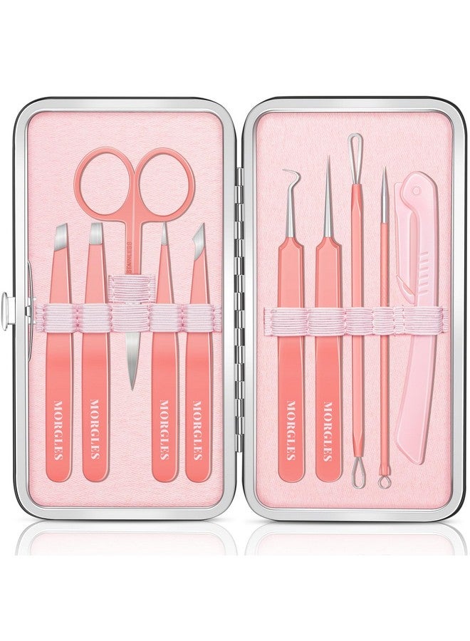 MORGLES Tweezers For Women Facial Hair, 10Pcs Eyebrow Tweezer Set And Blackhead Remover And Pimple Popper Tool Kit With Leather Travel Case - Image 1
