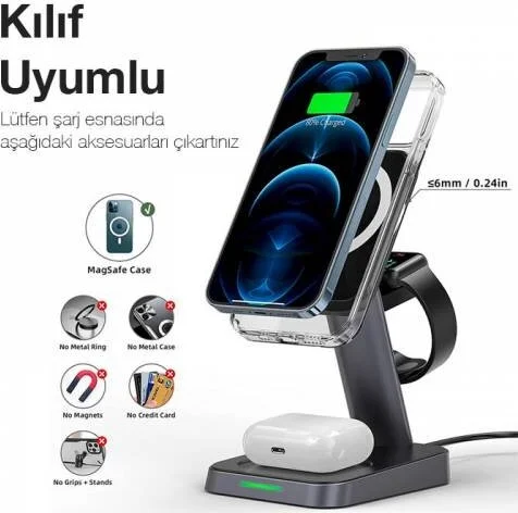 Polhammobile Polham 3in1 15W Magnetic Magsafe Wireless Charging Phone, Watch and Headphone Charging Stand