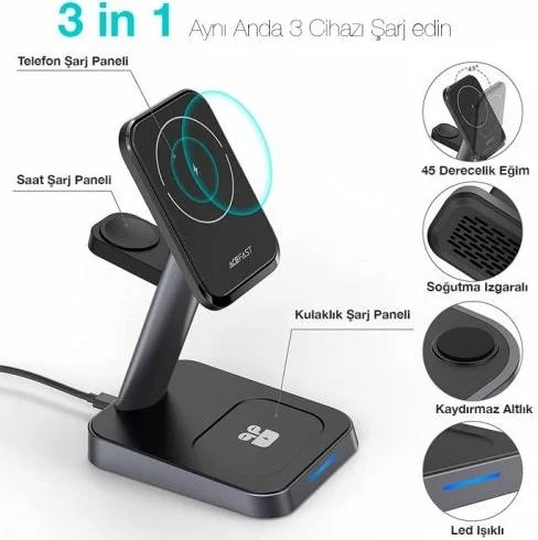 Polhammobile Polham 3in1 15W Magnetic Magsafe Wireless Charging Phone, Watch and Headphone Charging Stand