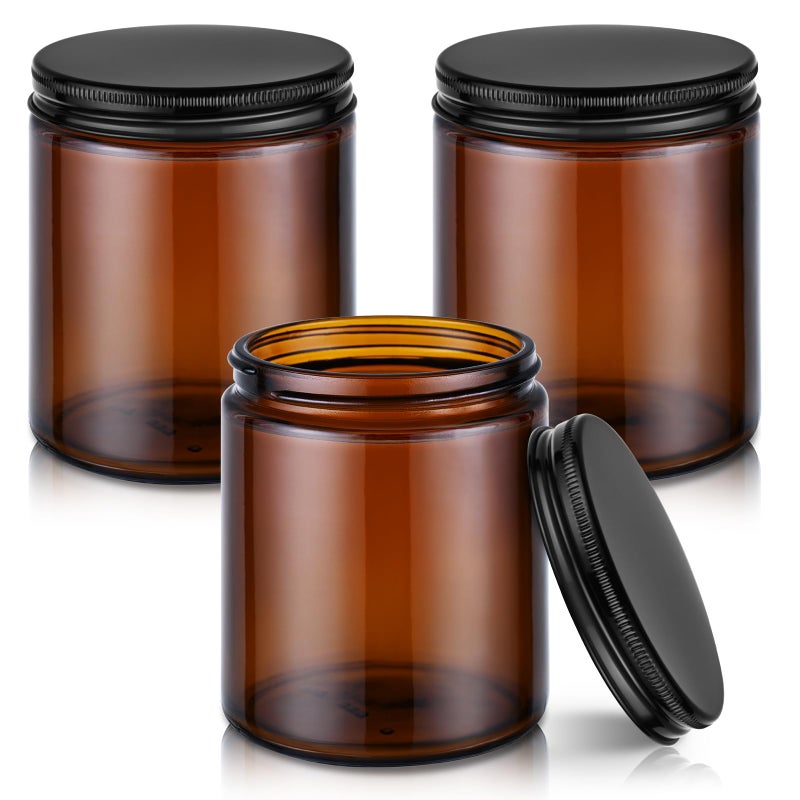 Tecohouse 8oz Amber Glass Jars with Metal Lids, 3 Pack Candle Jars with Blank Labels, 250g Wide Mouth | Lotion Container for Sample, Cream, Lotion, Honey, Powder, Jelly | Home & Beauty - Image 1